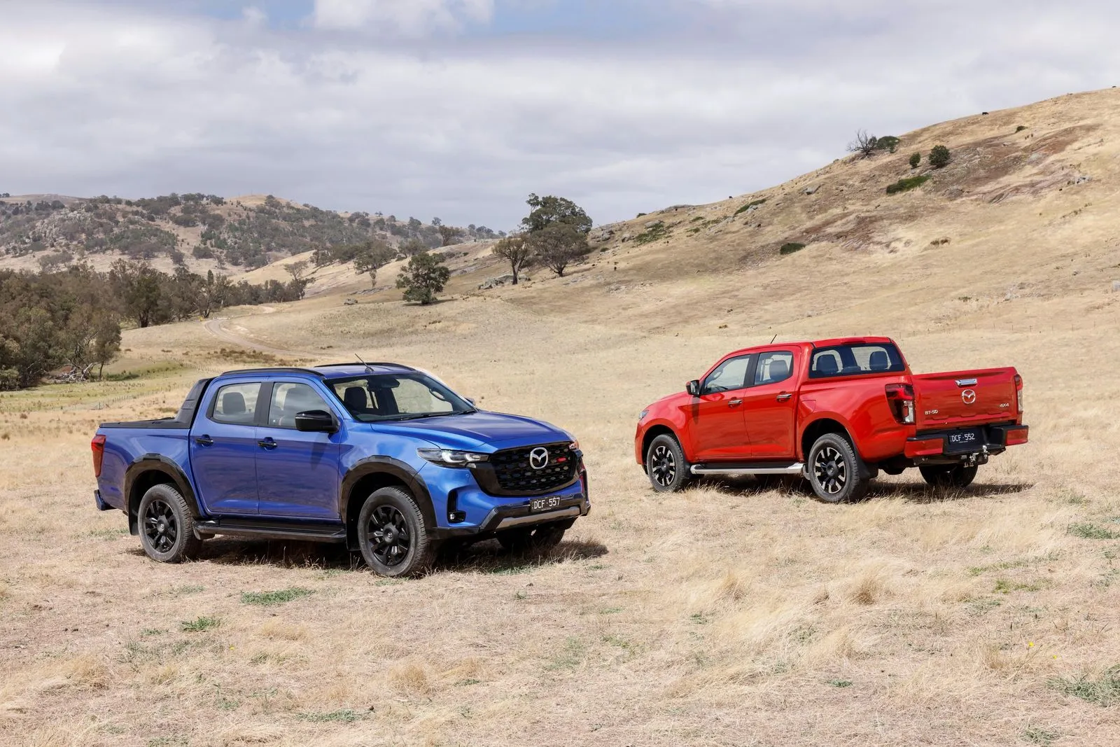 Mazda BT-50 GT azul y roja en pastizales de altura